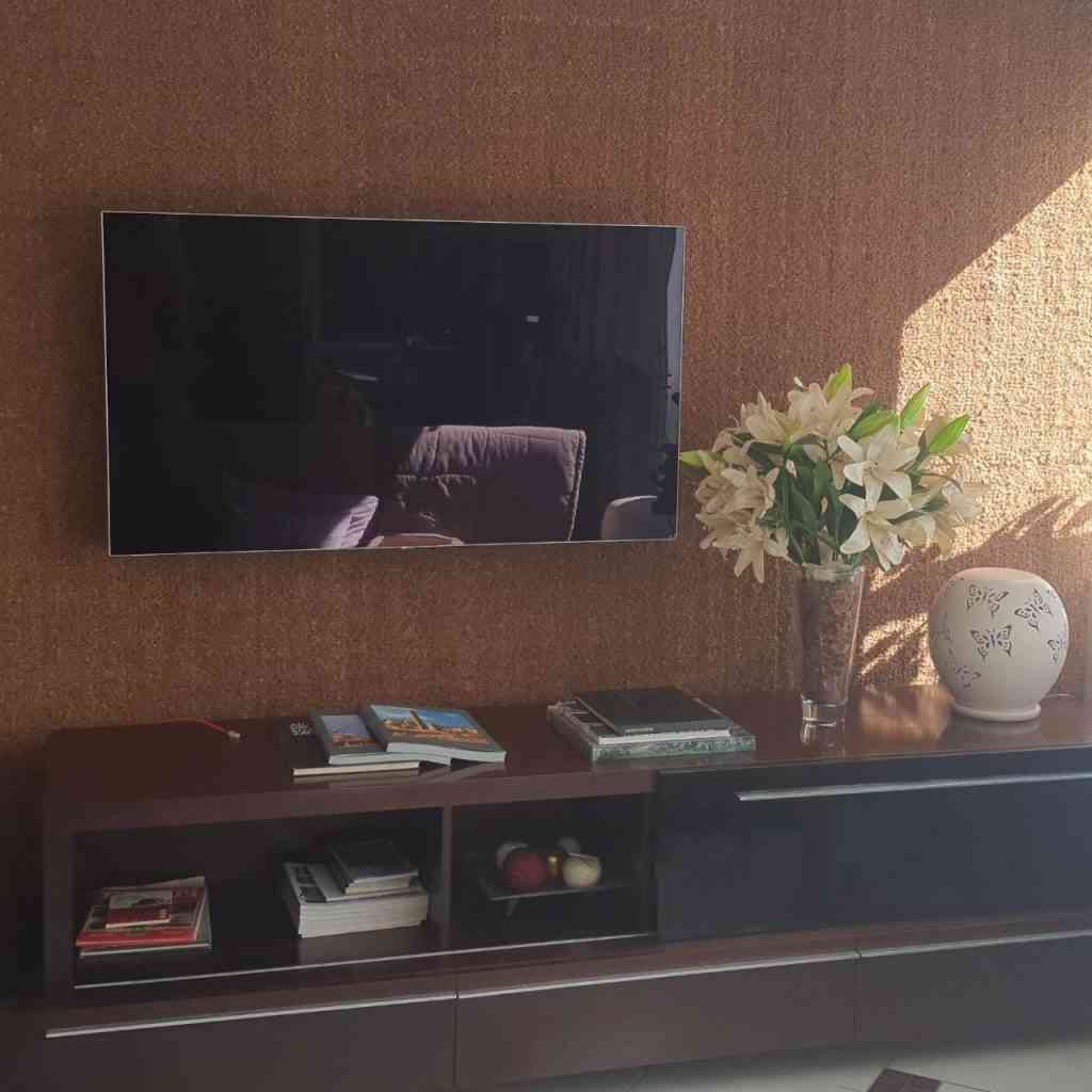 Nesta imagem, você pode visualizar um painel de fibra de coco para plantas produzido pela SP Clean e utilizado na decoração de uma sala de TV.